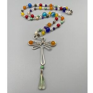 Handmade Silver Rainbow Beaded Dragonfly Necklace